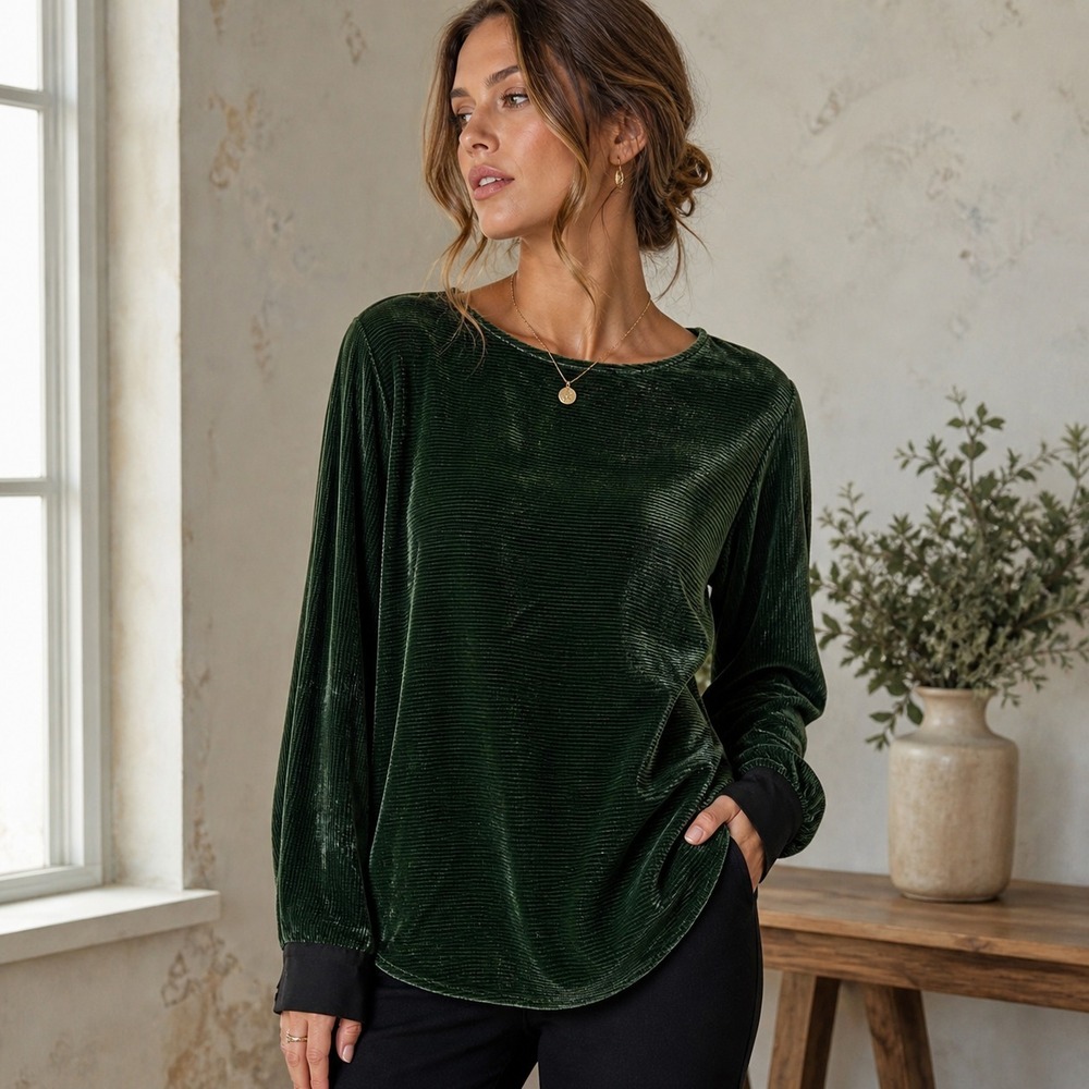 Italian Silk Blend Velvet Top Green Ribbed Sheer Quiet Luxury Boho Chic Fairy